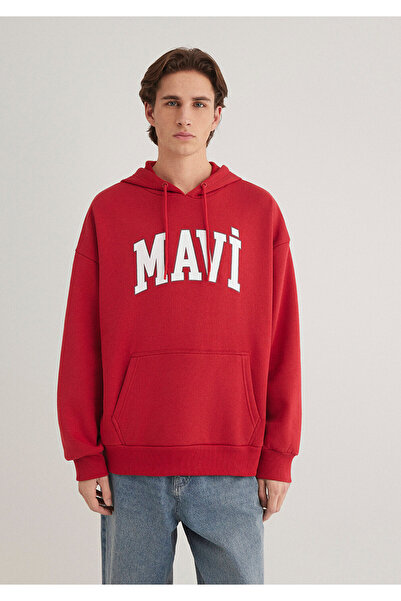 Mavi Logo Baskılı Kapüşonlu Kırmızı Sweatshirt 067149-86417