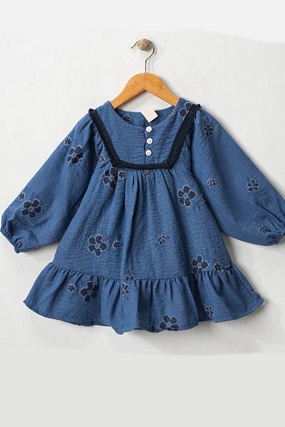 Monila Girl's Cotton Cross-Stitch Flower Embroidered Long Sleeve Lined Dress