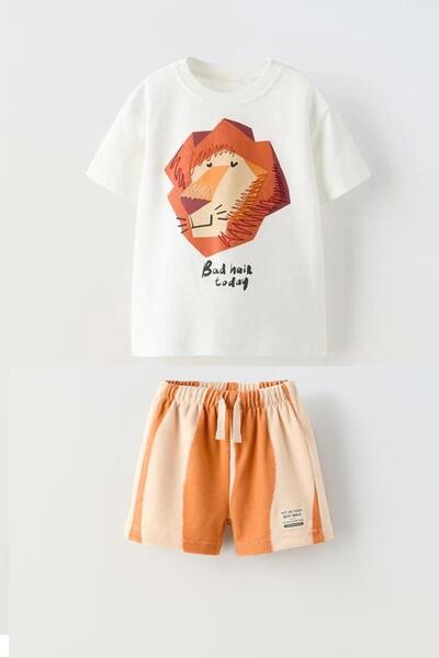 Monila Комплект з футболки з принтом лева та смугастих шортів для хлопчиків н...