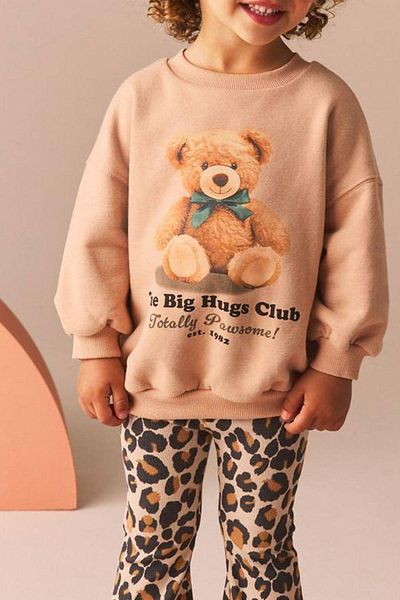 Monila Girl's 3 Thread Fabric Teddy Bear Printed Sweatshirt Ribbed Tights Top and Bottom Set