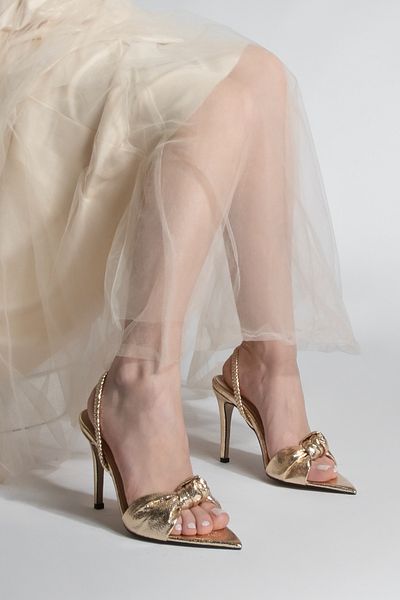 Marjin Women's Gold Heeled Sandals - Pointed Toe Knotted Back Elastic