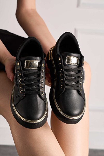 Nstil Daily Women's Black Sports Shoes Ppada Model Gold Detailed Lace-Up Thick Orthopedic Sole Sneaker 327