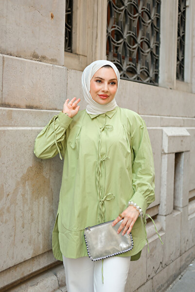 LOCCO Women's Front Ribbon Detail Oval Cut Shirt Pistachio Green