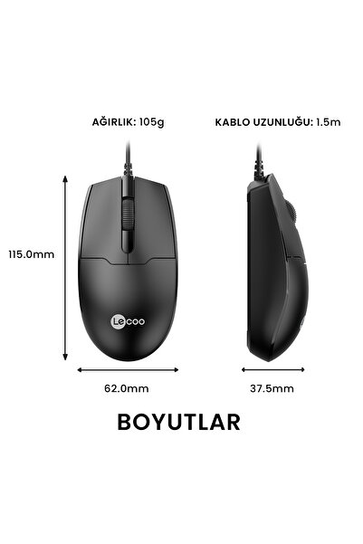 Lecoo Ms101 Usb Kablolu 1200dpı 3 Tuşlu Pc, Mac, Dizüstü Bilgisayar Ile Uyumlu Optik Mouse Siyah