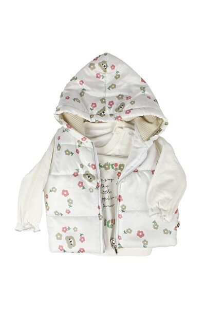 bebegen Kız Bebek Ekru Kahve Çiçek Desenli Şişme Yelekli 3'lü Takım