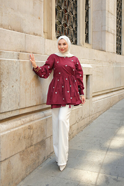 LOCCO Burgundy Tunic - Women'S, Embroidery Embroidered and Side Tie