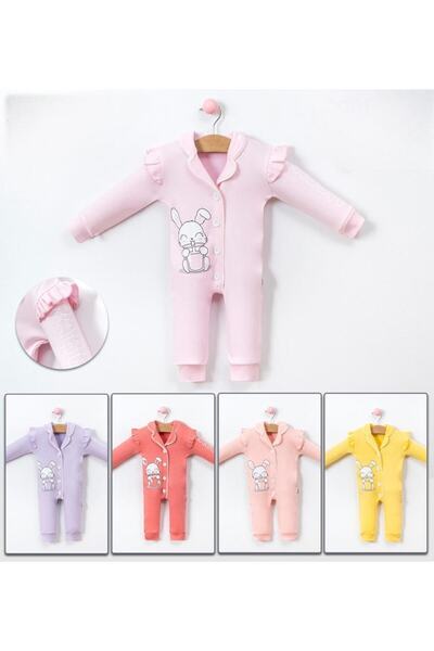 Sparrow Laurel Kız Bebek Tavşan Baskılı Önden Düğmeli Mevsimlik Penye Pijama, Uyku Tulumu,bebek Tulum (3-24 AY)
