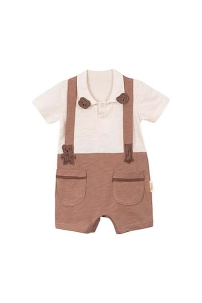 NECİXS BEBEE Bear Short Sleeve Short Salopet Jumpsuit Brown