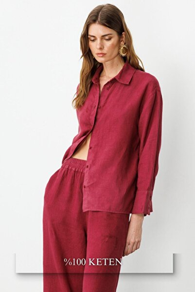 pieces of melon Vişne Önden Düğmeli %100 Keten Gömlek