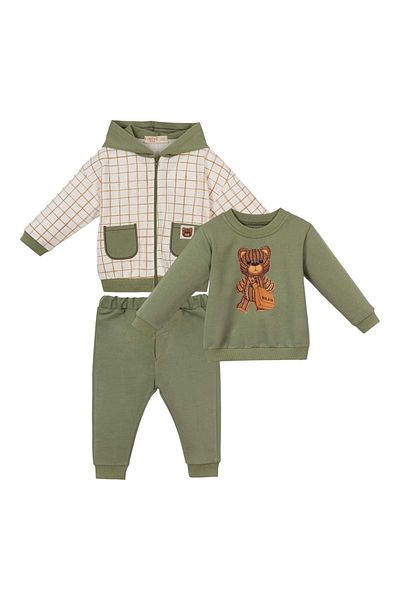Necix's Plaid Hooded Jacket Sweat Pants Triple Set Olive Green