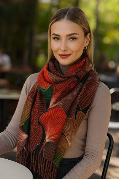 Axesoire 15162 Desenli Kahverengi Püsküllü Kalın Şal