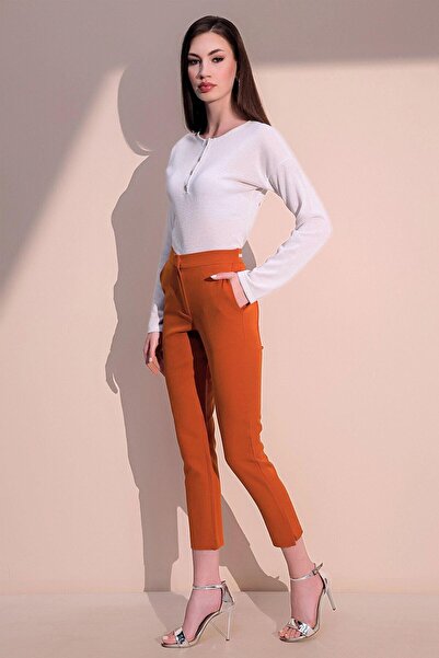 NEW LAVİVA Kadın Kiremit Beli Lastikli Şerit Detaylı Arka Ve Yan Cepli Kalem Pantolon