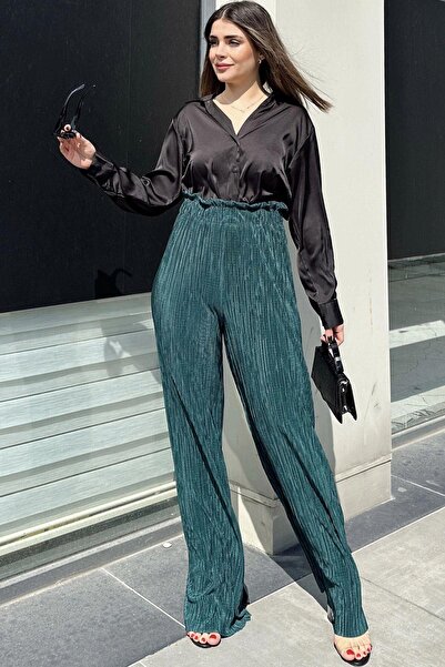 NEW LAVİVA Women's Emerald Green Elastic Waist, High Waist, Loose Cut, Wide Leg Wrap Pants