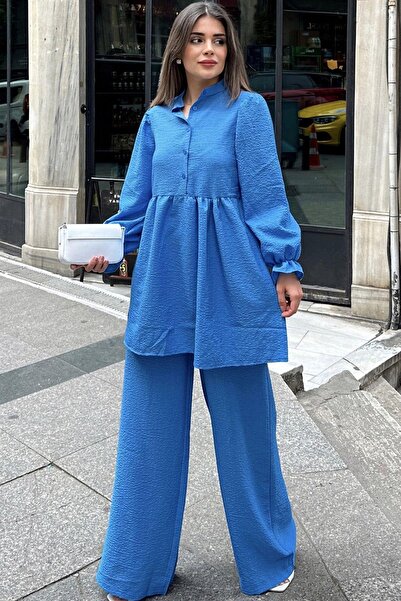 NEW LAVİVA Mavi Hakim Yaka, Balon Kol, Tunik & Bol Paça Pantolon - Fırfırlı S...