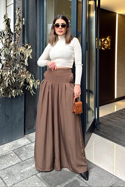 NEW LAVİVA Women's Coffee Zipper Closure, Pocket, Pleated Wide Leg Skirt Trousers