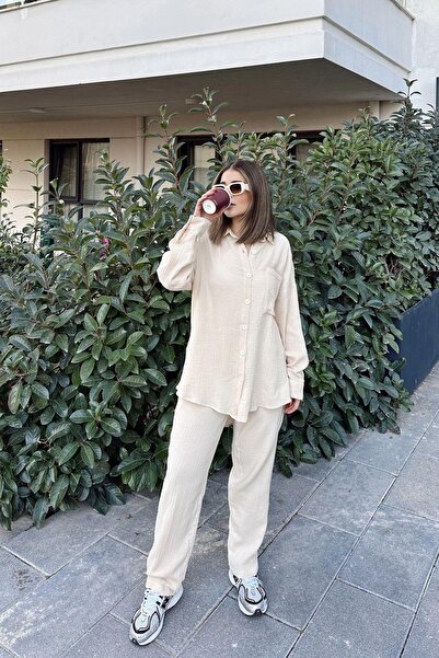 NEW LAVİVA Women's Beige Loose Long Shirt & Elastic Waist Trousers - Bottom & Top Muslin Fabric Set