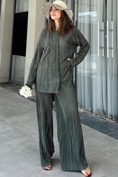 NEW LAVİVA Dark Green Women's Set - Long Tunic, Elastic Waist, Wide Leg Trousers & Loose Wrap