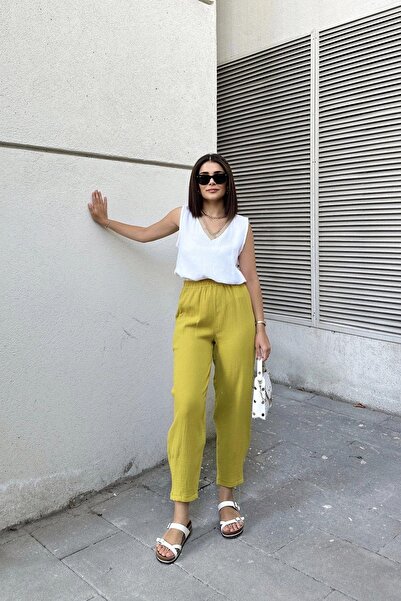 NEW LAVİVA Oil Green Imported Muslin Fabric, Elastic Waist, Comfortable Fit Trousers with Pockets - Suitable for Hijab