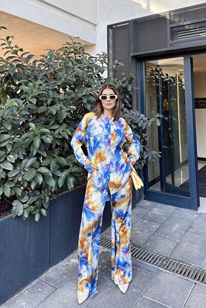 NEW LAVİVA Women's Saks & Yellow Double Pocket Shirt & Wide Leg Trousers - Loose Bottom & Top Set