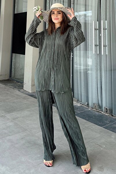 NEW LAVİVA Dark Green Women's Set - Long Tunic, Elastic Waist, Wide Leg Trousers & Loose Wrap