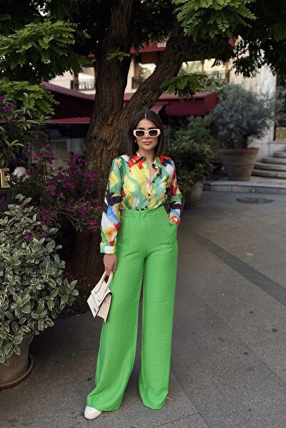 NEW LAVİVA Green Spanish Loose Leg, Elastic Waist, Linen/Airobin Fabric, Loose, Pocketed, Inner Wearing Pants