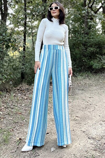 NEW LAVİVA Дамски сини панталони с висока талия, широки крачоли, райета, елас...