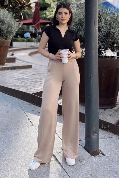 NEW LAVİVA Bej İspanyol Bol Paça, Lastikli Bel, Yumuşak Dokulu Kumaş, Salaş & Rahat Kalıp/Kesim, Pantolon