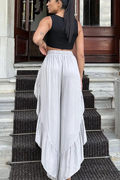 NEW LAVİVA Gray Bohemian Skirt Trousers with High Waist and Deep Side Slits - Frilly Asymmetric Cut