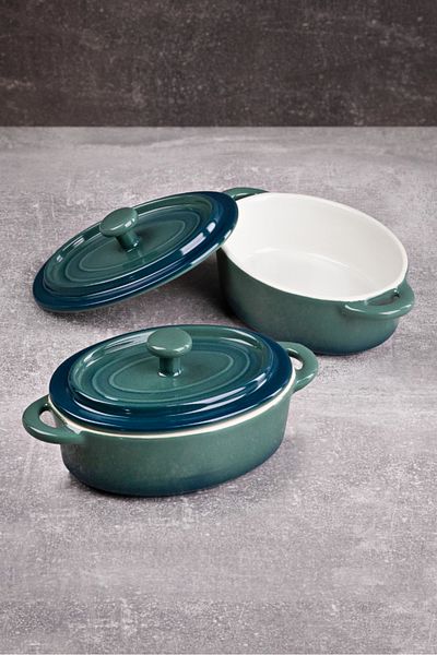 Bergner Set 2 mini forme de copt cu capac, gresie Excalibur, set de 2 piese, rezistente la cuptor, ecologice