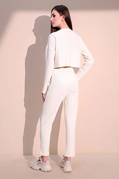 NEW LAVİVA Women's Ecru Modern Style Soft Textured Elastic Waist Pocket Trousers