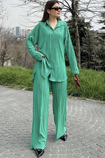 NEW LAVİVA Green Long Tunic and Elastic Waist Trousers - Loose Wrap Women's Set