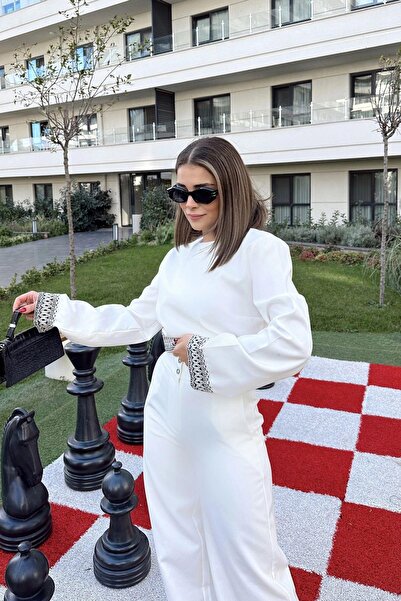 NEW LAVİVA بلوزة نسائية بيضاء مطرزة وبنطلون واسع الساق - طقم سفلي وعلوي