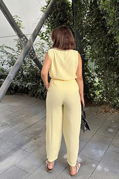 NEW LAVİVA Yellow Imported Muslin Fabric, Elastic Waist, Pocket Comfortable Fit Trousers - Suitable for Hijab