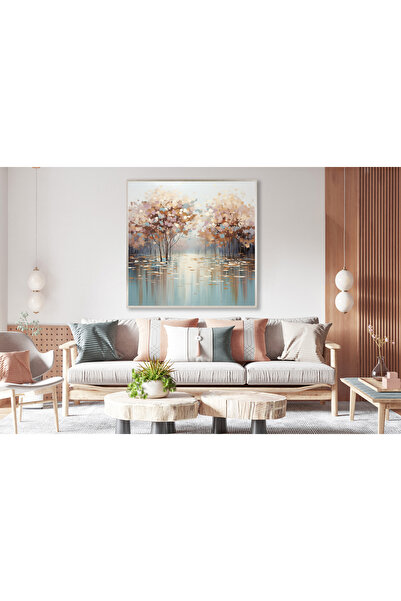 Tablosan Yağlı Boya Dokulu Tablo Sonbahar Soyut Ağaçlı Manzara Gümüş Çerçeveli