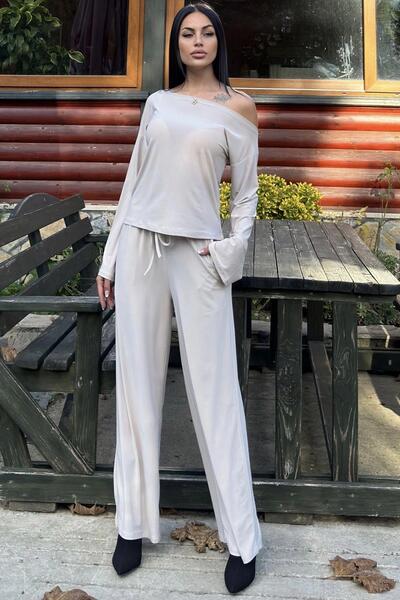 NEW LAVİVA Stone Lacing Detailed Wide Leg Pants & Wide Collar Loose Blouse - Sandy Fabric Set