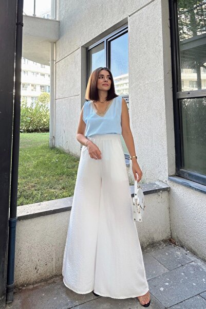 NEW LAVİVA Λευκή ελαστική μέση, τσέπη, ισπανικό / ειδικό ύφασμα με φαρδύ πόδι, παντελόνι με άνετη εφαρμογή - Κατάλληλο για χιτζάμπ