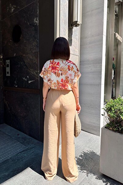 NEW LAVİVA Beige Spanish Loose Leg, Elastic Waist, Linen/Airobin Fabric, Loose, Pocketed, Inner Wearing Pants