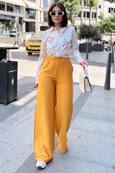 NEW LAVİVA Mustard Spanish Wide Leg, Elastic Waist, Linen/Airobin Fabric, Loose, Pocketed, Inner Wearing Pants