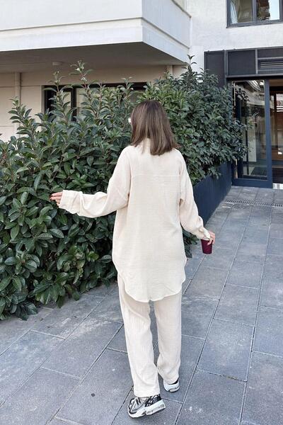 NEW LAVİVA Women's Beige Loose Long Shirt & Elastic Waist Trousers - Bottom & Top Muslin Fabric Set