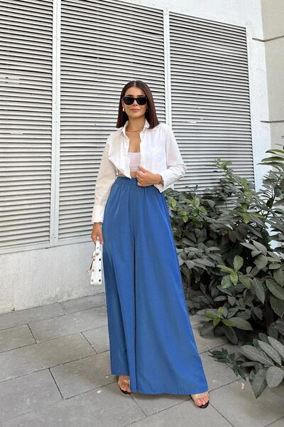 NEW LAVİVA İndigo Beli Lastikli, Cepli, İspanyol / Bol Paça Özel Kumaş, Rahat Kalıp Pantolon - Tesettüre Uygun