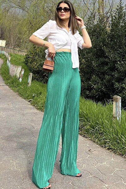 NEW LAVİVA Women's Green Elastic Waist, High Waist, Loose Cut, Wide Leg Wrap Pants