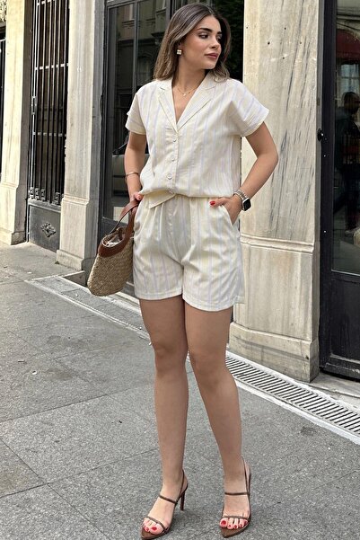 NEW LAVİVA Apache Collar Yellow Shirt and Elastic Waist Pair - Pocketed Striped Scallop Set