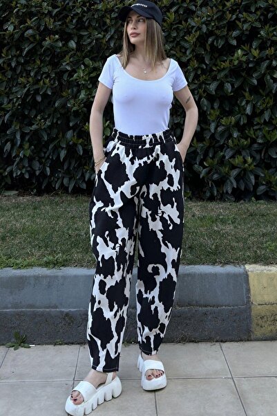 NEW LAVİVA Women's Black Elastic Waist, Pockets, Patterned Gabardine Fabric, Loose Trousers