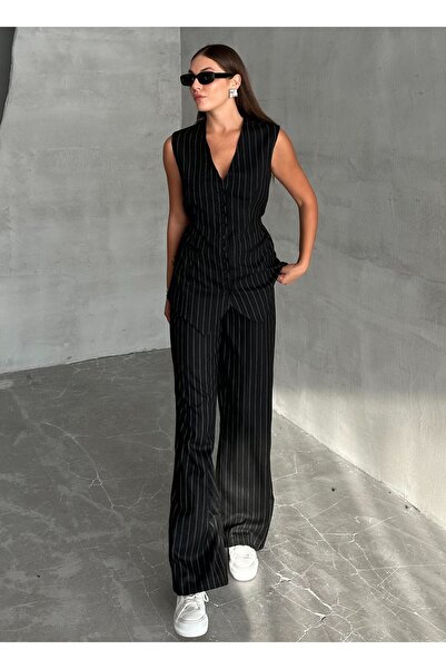 My Blog Fekete csíkos, nulla ujjú mellény nadrág szett - 8432