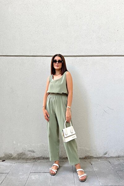 NEW LAVİVA Khaki Imported Muslin Fabric, Elastic Waist, Pocket Comfortable Fit Trousers - Suitable for Hijab