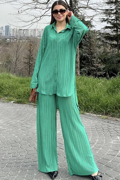 NEW LAVİVA Green Long Tunic and Elastic Waist Trousers - Loose Wrap Women's Set