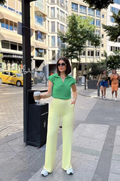 NEW LAVİVA Yellow Spanish Loose Leg, Elastic Waist, Soft Texture Fabric, Loose & Comfortable Fit/Cut, Pants