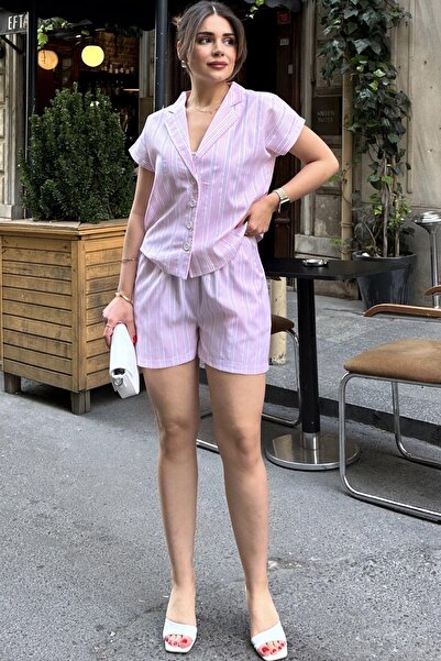 NEW LAVİVA Pink Striped Apache Collar Shirt and Elastic Waist Shorts - Pocket Set