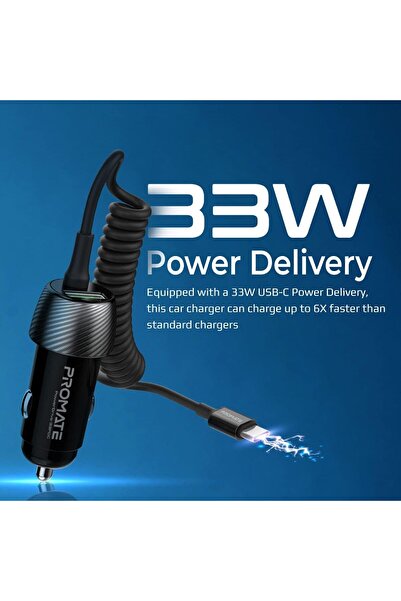Promate Usb-c Car Charger With Cable, Universal 33w Power Delivery Dc Charger With Built-in Type-c