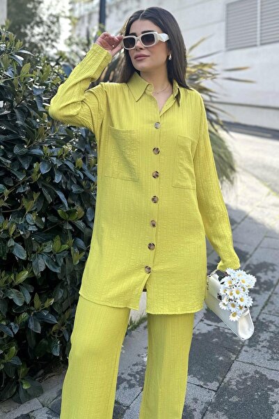 NEW LAVİVA Green Seersucker Women's Shirt and Trousers Set - Double Pocket, Wide Leg